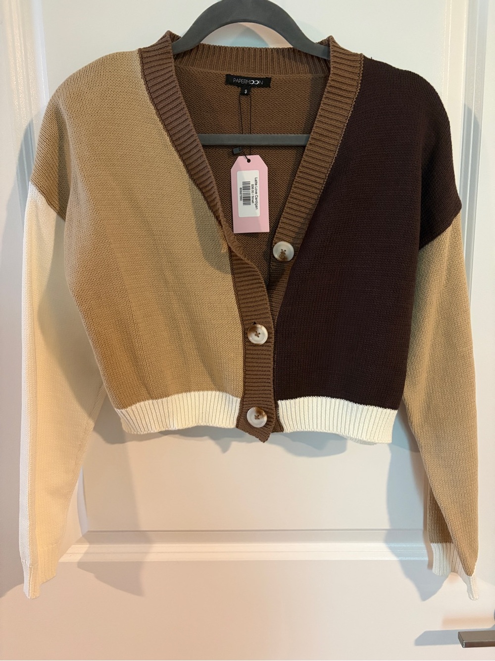 NEW (S) boutique copped cardigan sweater colorblock brown fall autumn holiday